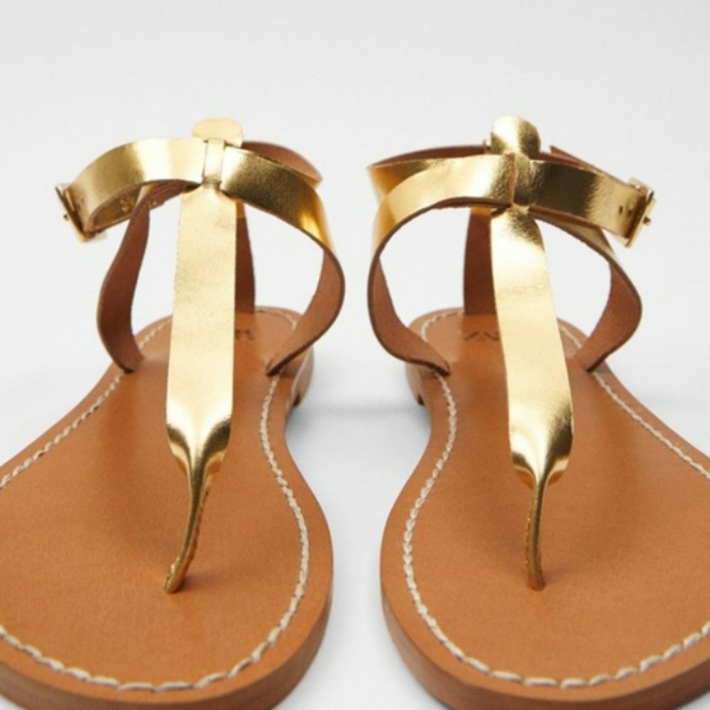 ZARA Gold Laminated Leather strappy sandals